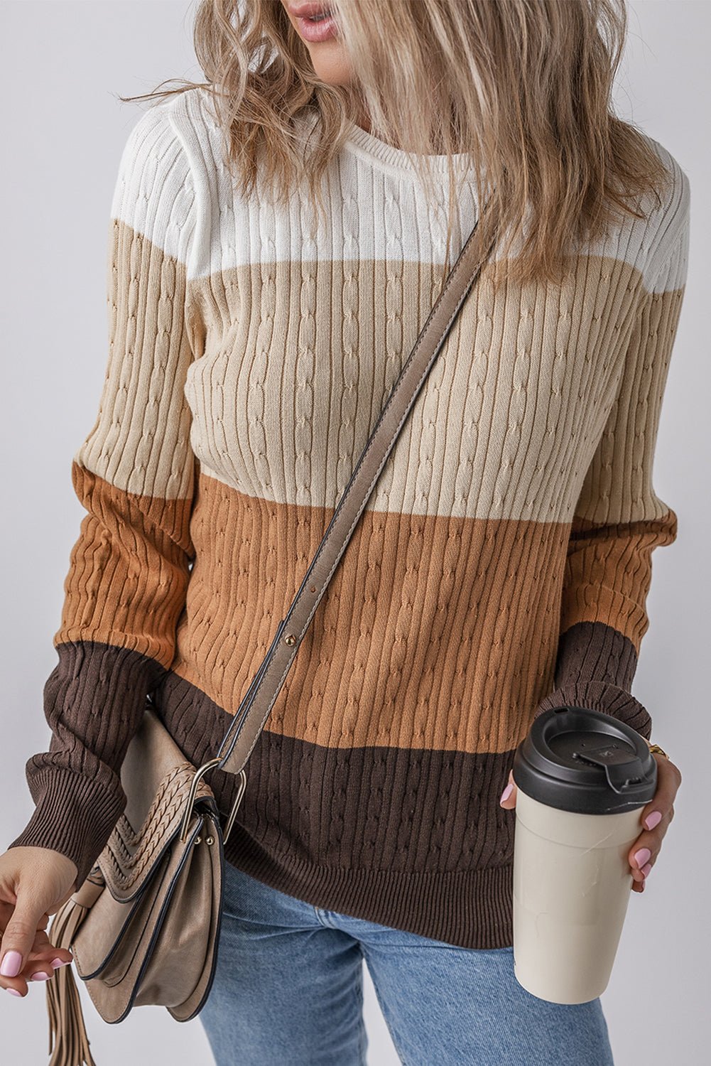 Khaki Colorblock Cable Knit Round Neck Sweater - MAD RUFFI