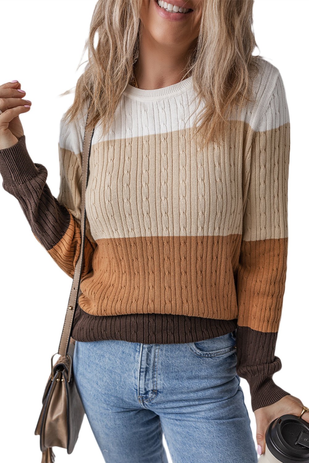 Khaki Colorblock Cable Knit Round Neck Sweater - MAD RUFFI