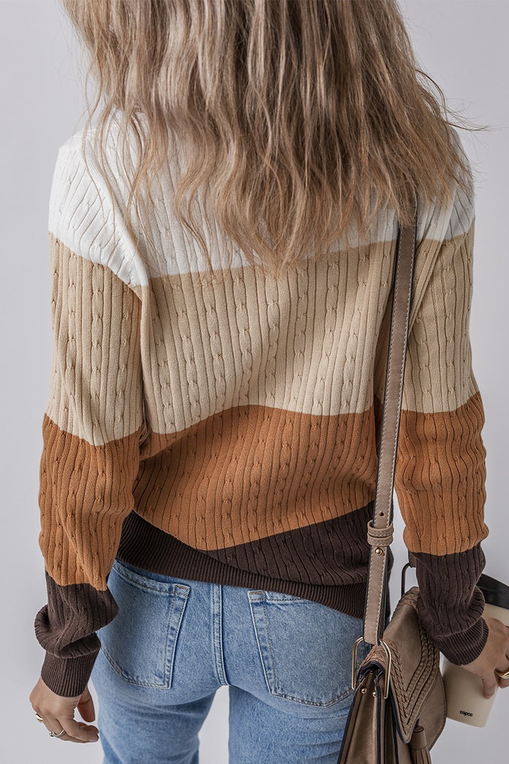 Khaki Colorblock Cable Knit Round Neck Sweater - MAD RUFFI