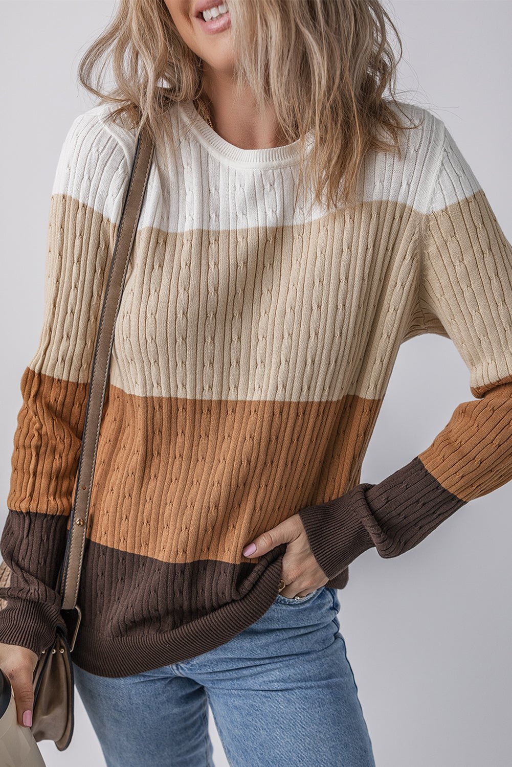 Khaki Colorblock Cable Knit Round Neck Sweater - MAD RUFFI