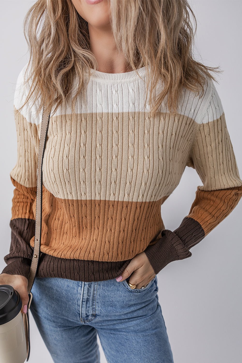 Khaki Colorblock Cable Knit Round Neck Sweater - MAD RUFFI