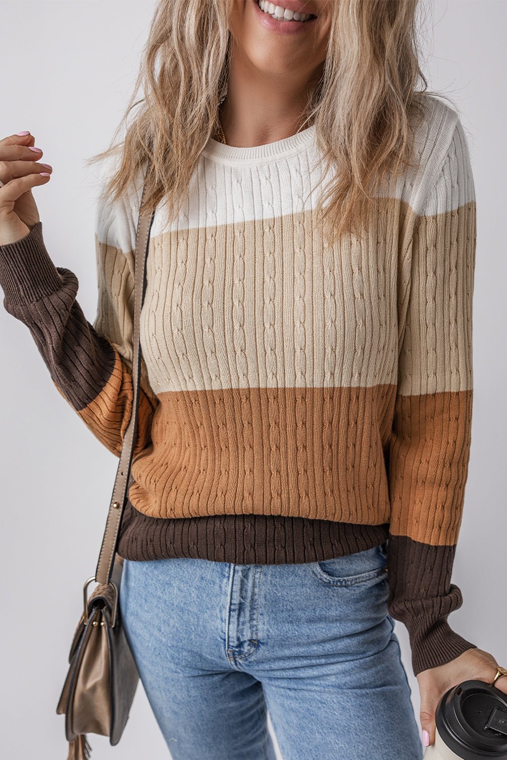 Khaki Colorblock Cable Knit Round Neck Sweater - MAD RUFFI