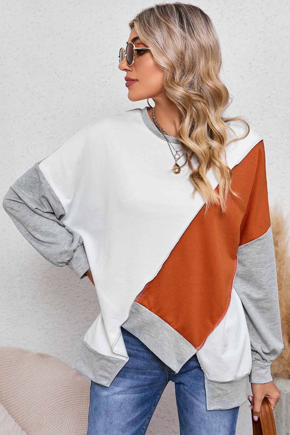 Khaki Colorblock Stitching Irregular Hem Long Sleeve Top - MAD RUFFI