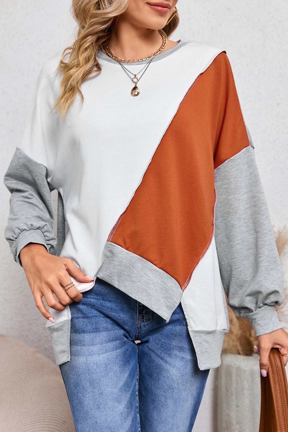 Khaki Colorblock Stitching Irregular Hem Long Sleeve Top - MAD RUFFI