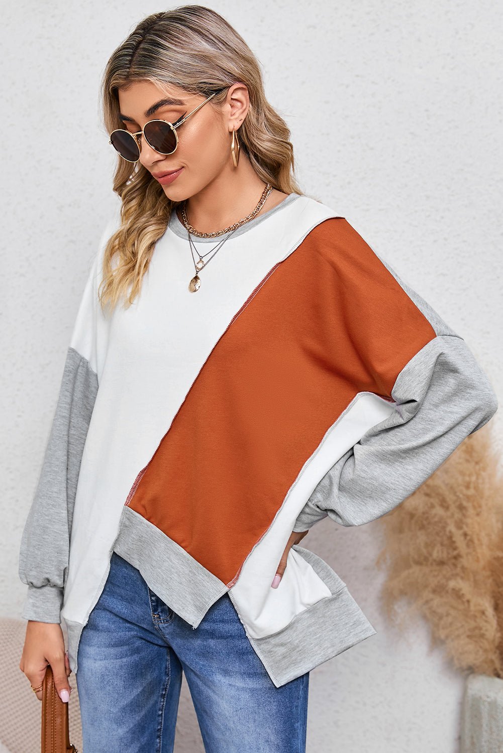 Khaki Colorblock Stitching Irregular Hem Long Sleeve Top - MAD RUFFI