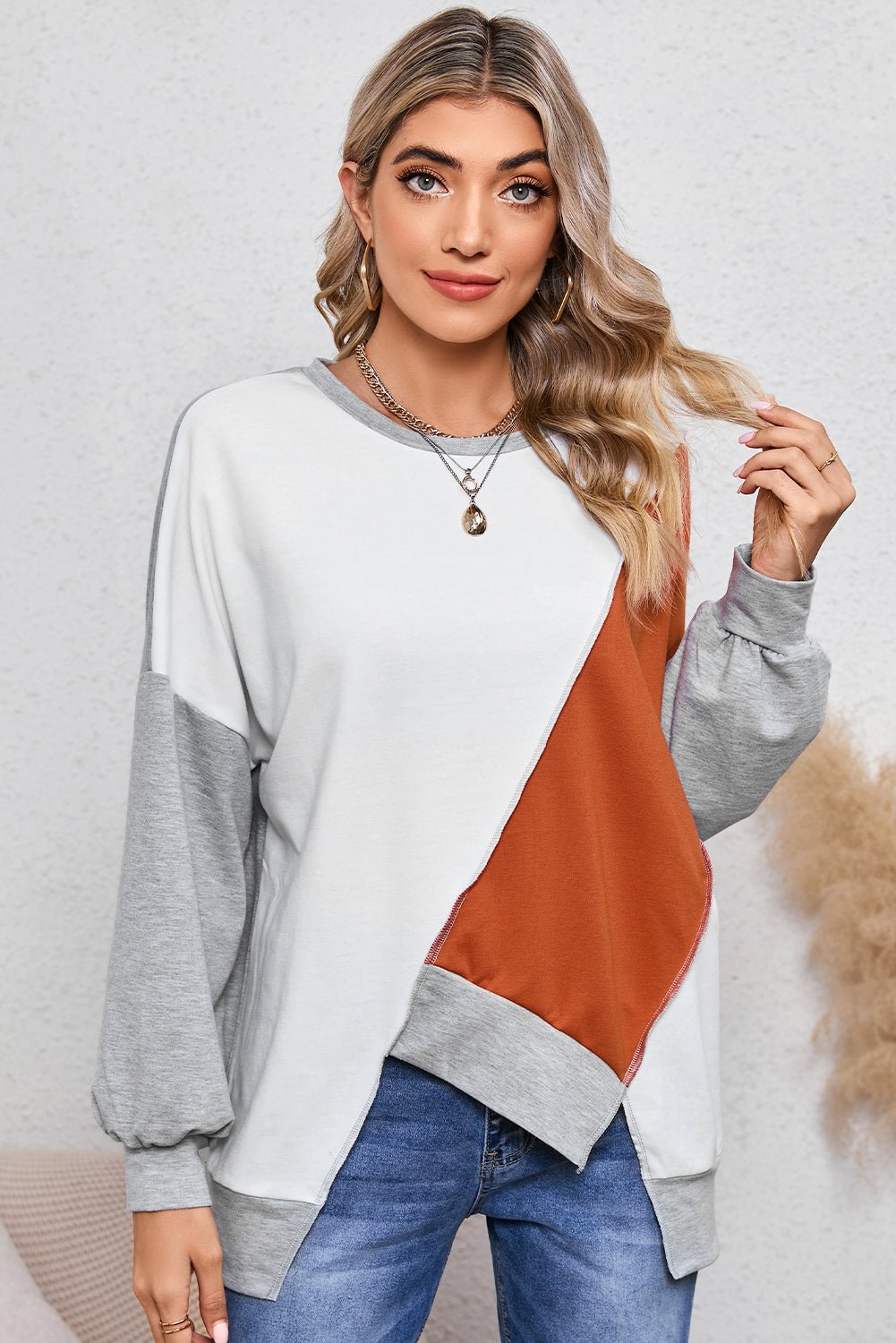 Khaki Colorblock Stitching Irregular Hem Long Sleeve Top - MAD RUFFI