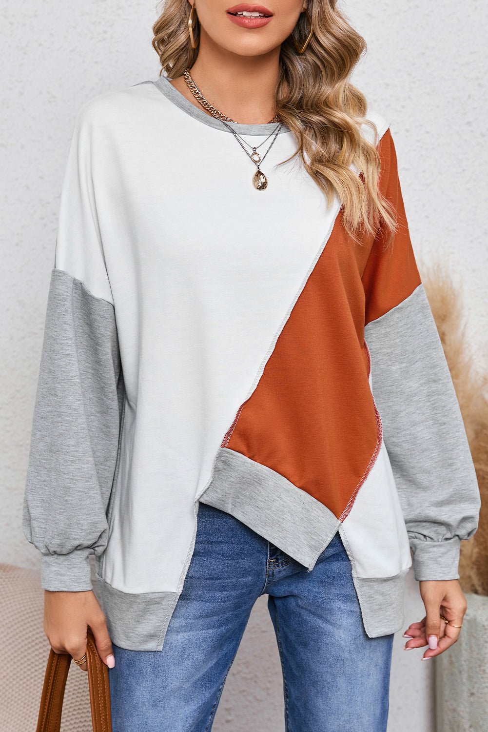 Khaki Colorblock Stitching Irregular Hem Long Sleeve Top - MAD RUFFI