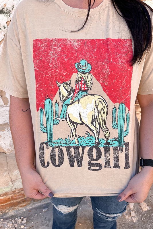 Khaki Cowgirl Slogan Print Rodeo Graphic Tee - MAD RUFFI