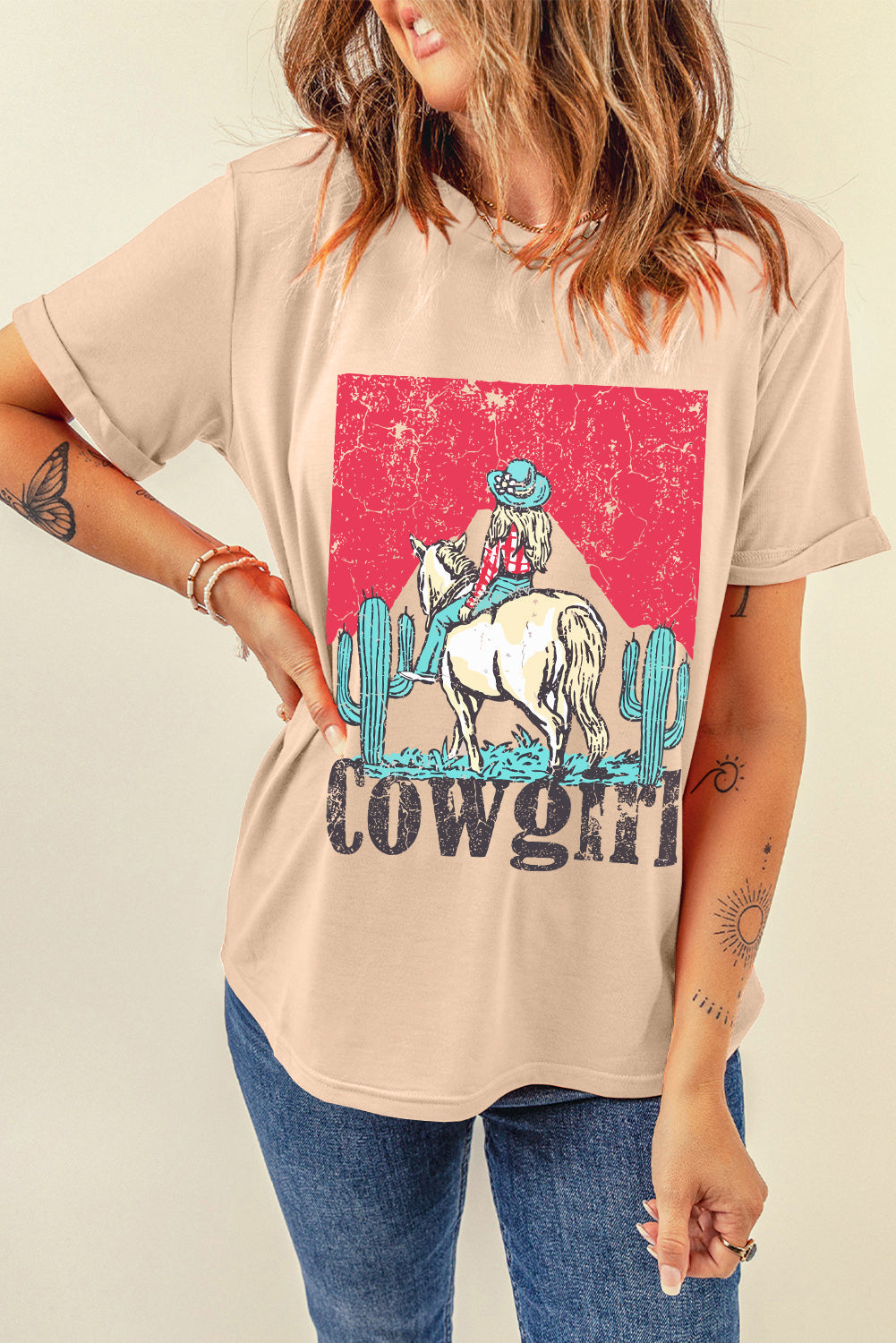 Khaki Cowgirl Slogan Print Rodeo Graphic Tee - MAD RUFFI