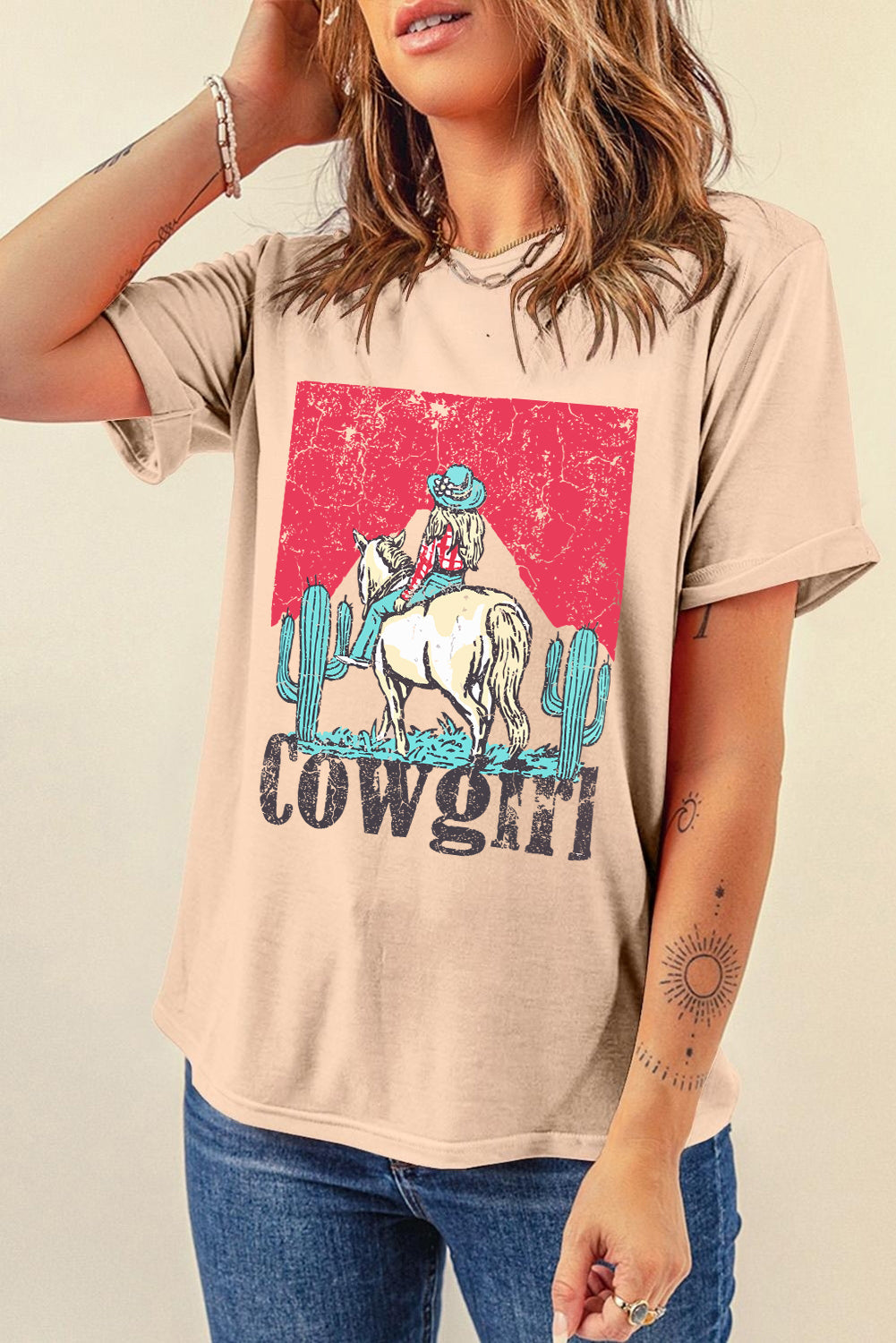 Khaki Cowgirl Slogan Print Rodeo Graphic Tee - MAD RUFFI