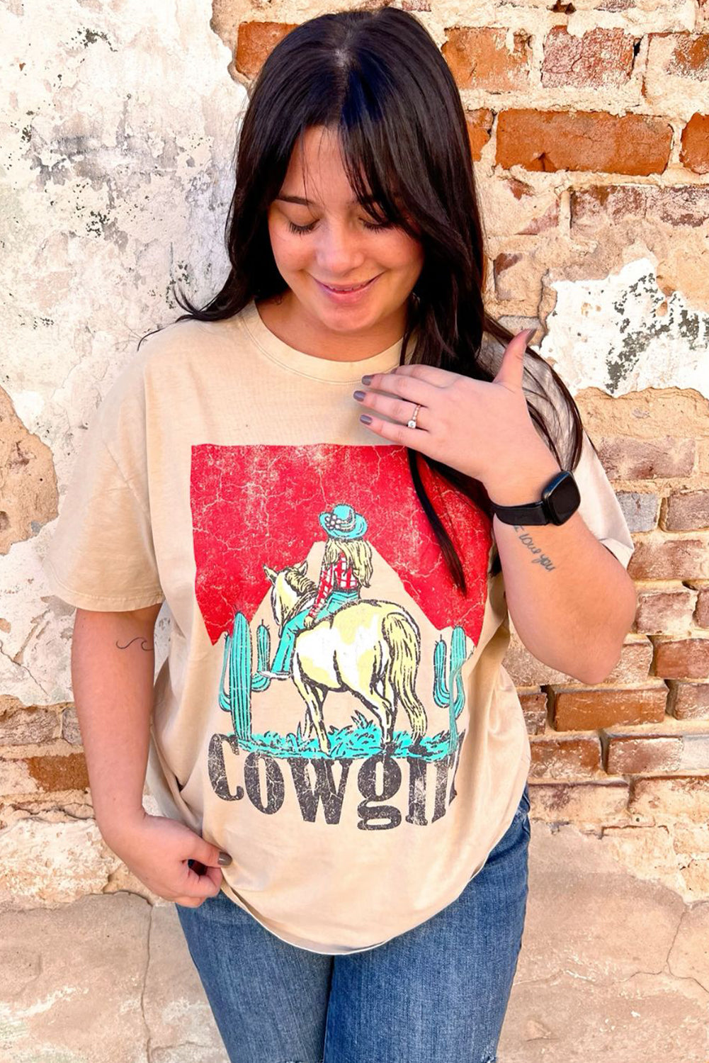 Khaki Cowgirl Slogan Print Rodeo Graphic Tee - MAD RUFFI