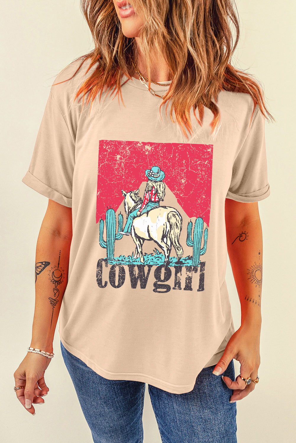 Khaki Cowgirl Slogan Print Rodeo Graphic Tee - MAD RUFFI