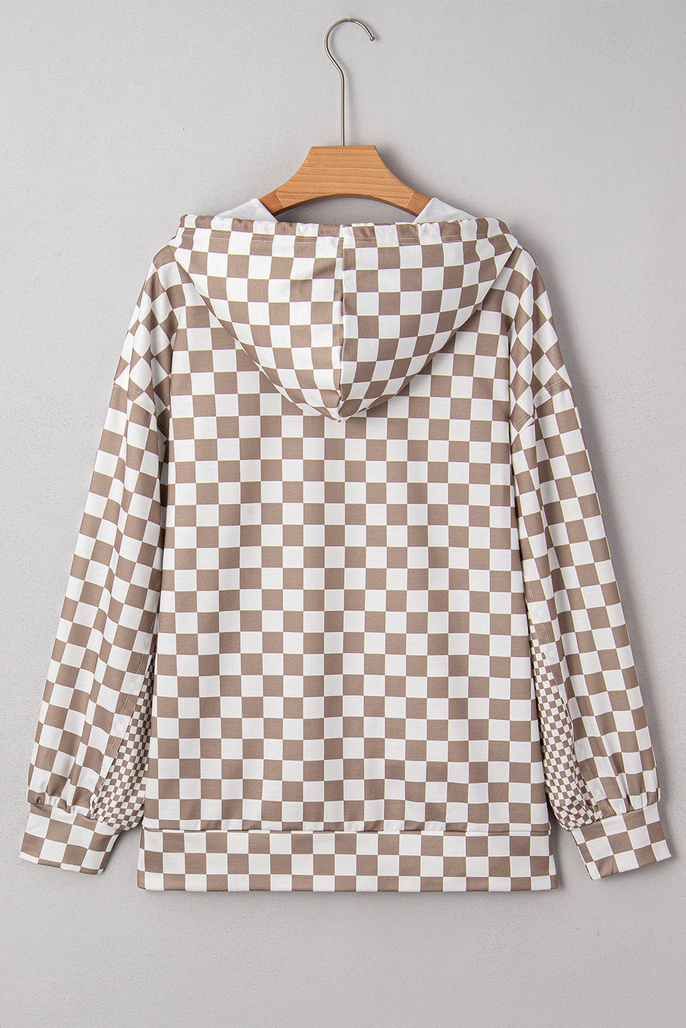 Khaki Double Checkered Patchwork Tie Neck Oversize Hoodie - MAD RUFFI