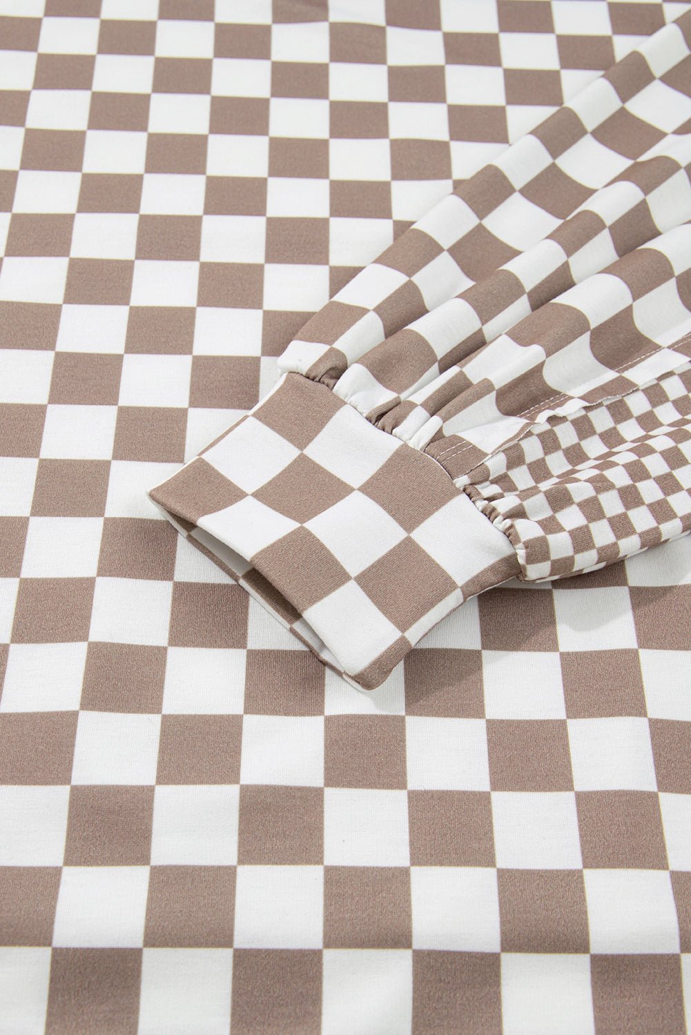 Khaki Double Checkered Patchwork Tie Neck Oversize Hoodie - MAD RUFFI