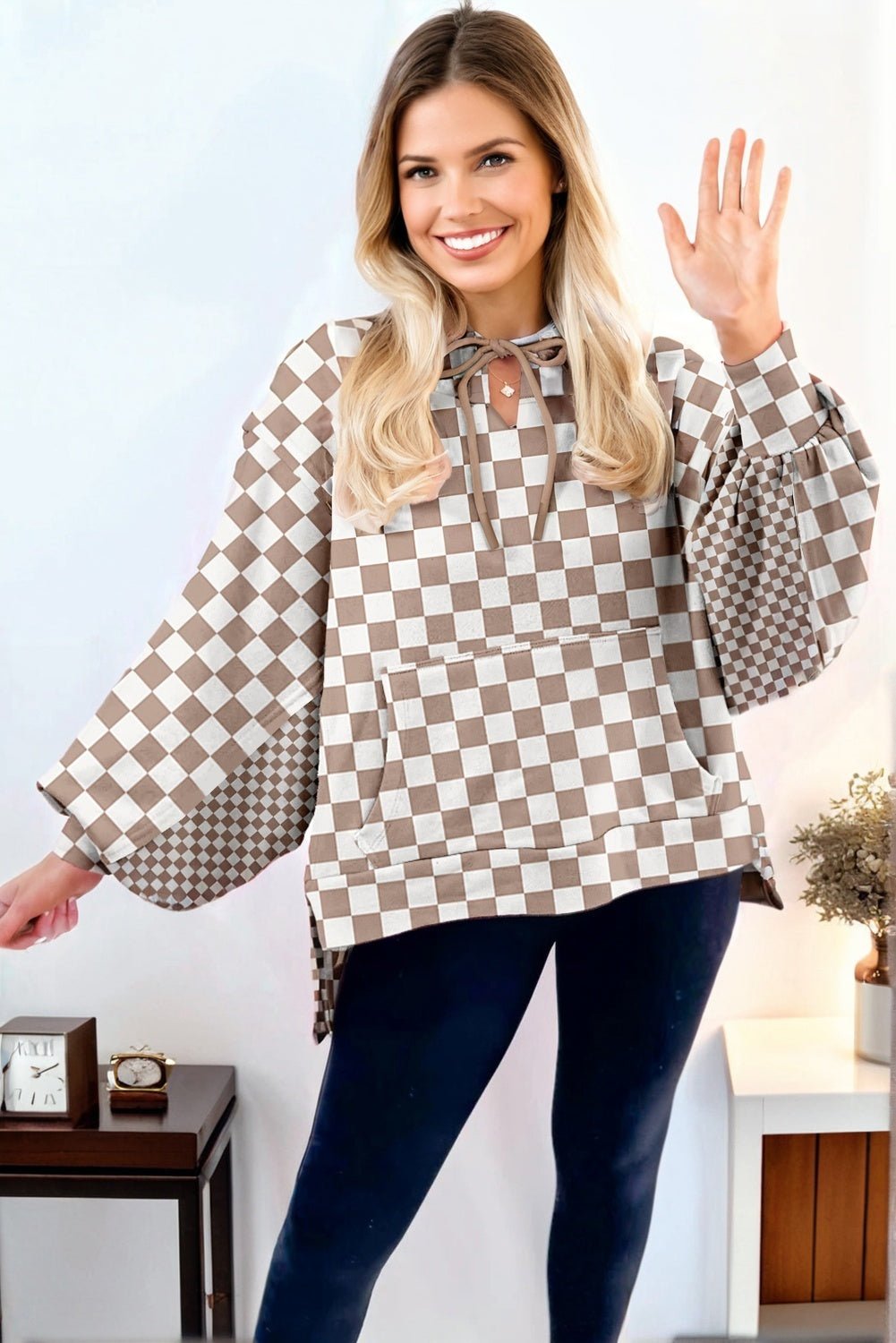 Khaki Double Checkered Patchwork Tie Neck Oversize Hoodie - MAD RUFFI