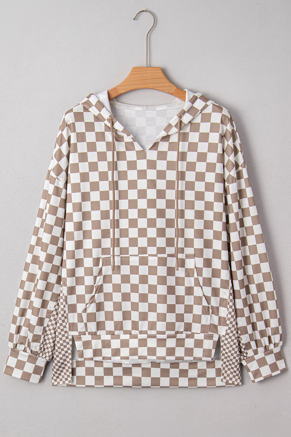 Khaki Double Checkered Patchwork Tie Neck Oversize Hoodie - MAD RUFFI