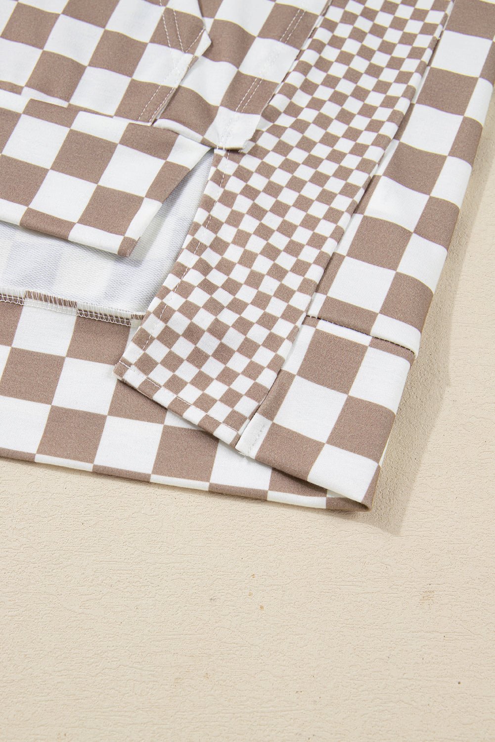 Khaki Double Checkered Patchwork Tie Neck Oversize Hoodie - MAD RUFFI