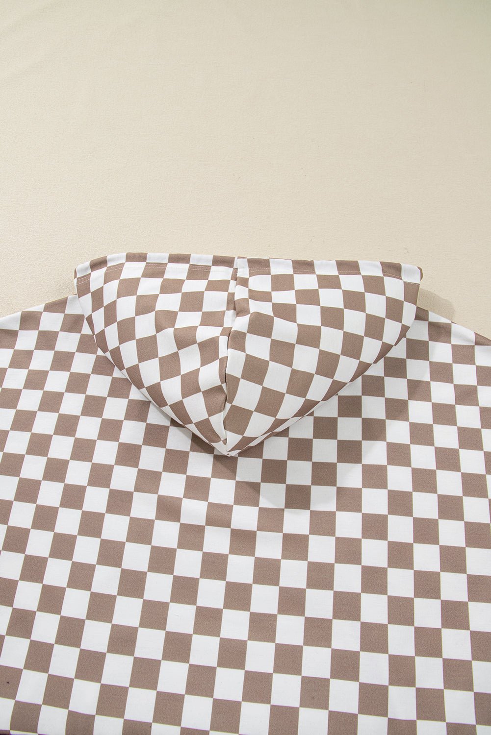 Khaki Double Checkered Patchwork Tie Neck Oversize Hoodie - MAD RUFFI