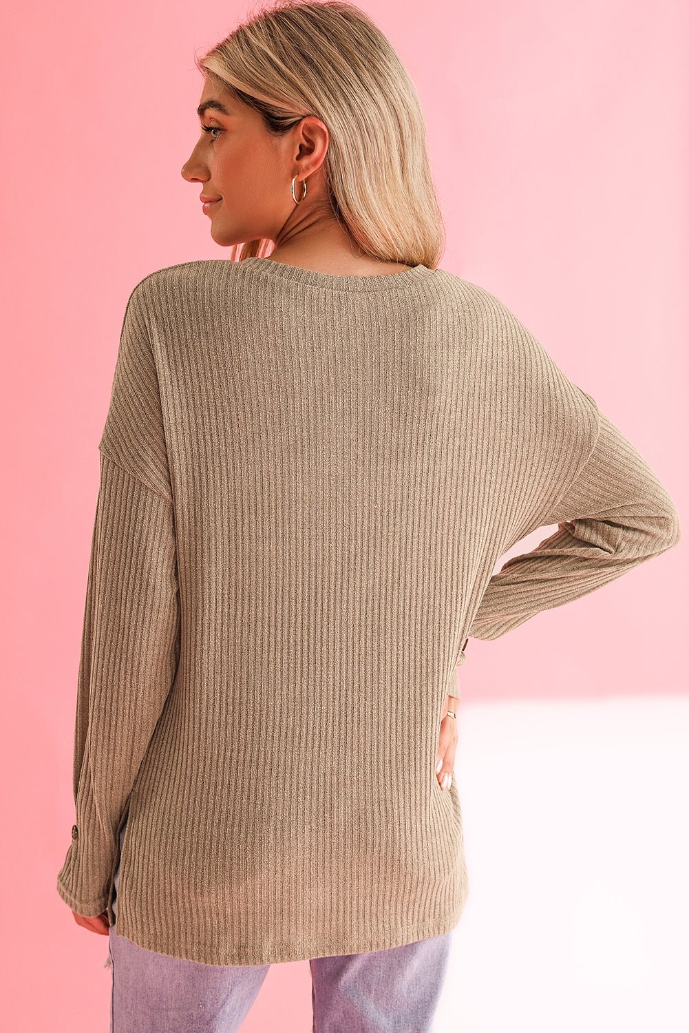 Khaki Drop Shoulder Ribbed Knit Long Sleeve Henley Top - MAD RUFFI