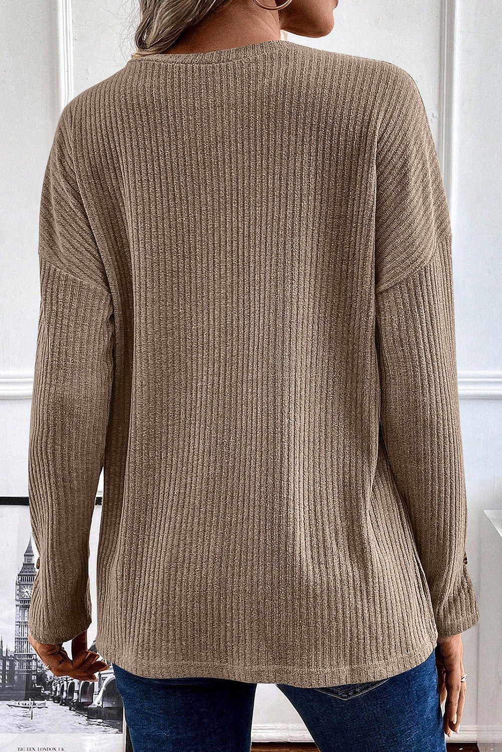 Khaki Drop Shoulder Ribbed Knit Long Sleeve Henley Top - MAD RUFFI