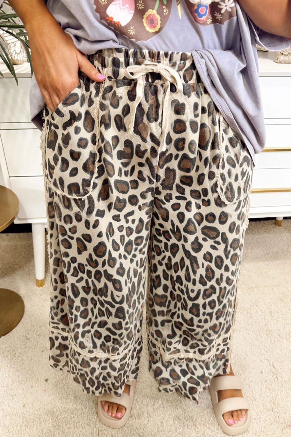 Khaki Exposed Seam Patched Pocket Plus Size Leopard Wide Leg Pants - MAD RUFFI