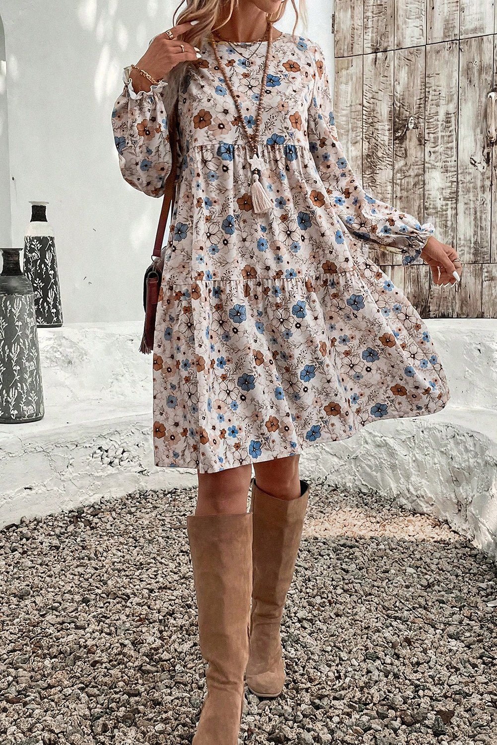 Khaki Floral Print Puff Sleeve Tiered Dress - MAD RUFFI