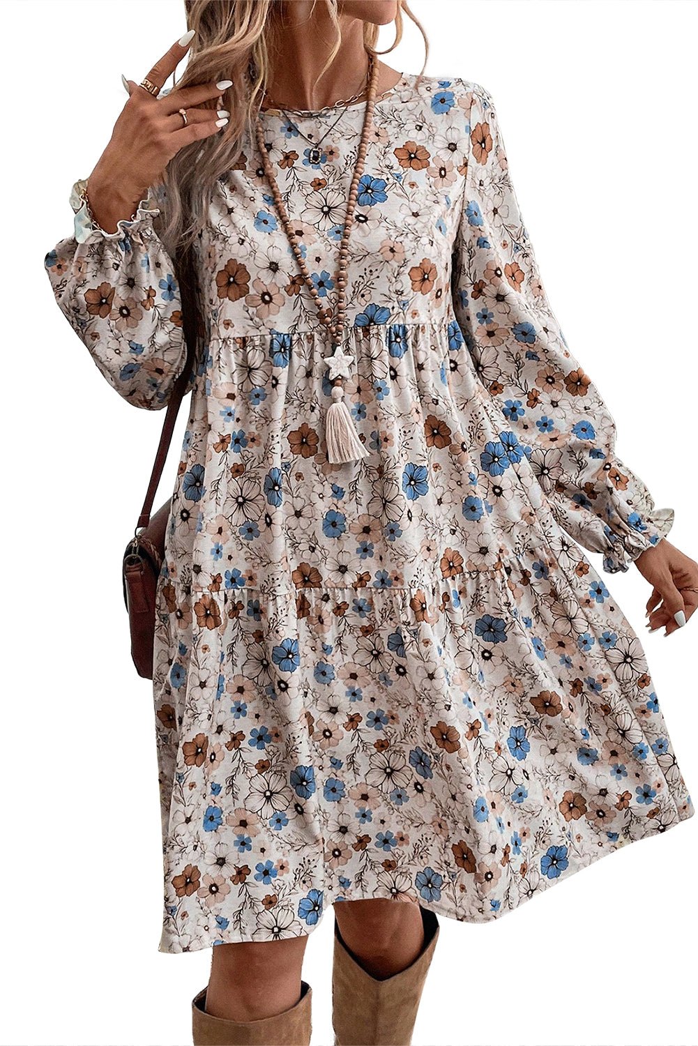 Khaki Floral Print Puff Sleeve Tiered Dress - MAD RUFFI