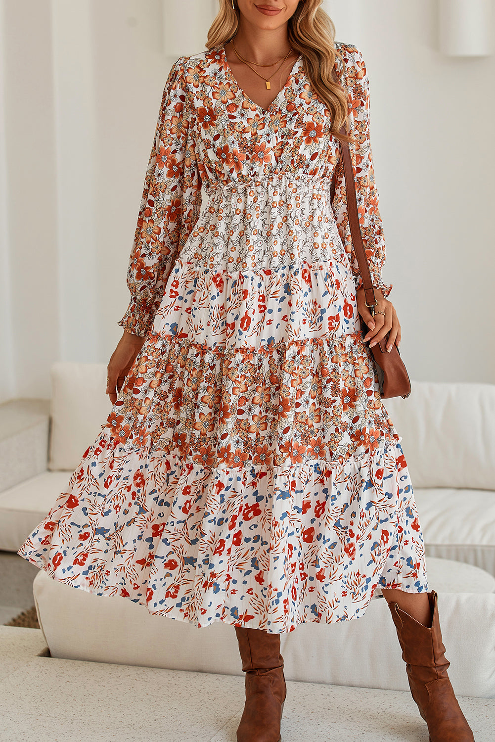 Khaki Floral Print Ruffled Tiered Long Sleeve V Neck Midi Dress - MAD RUFFI