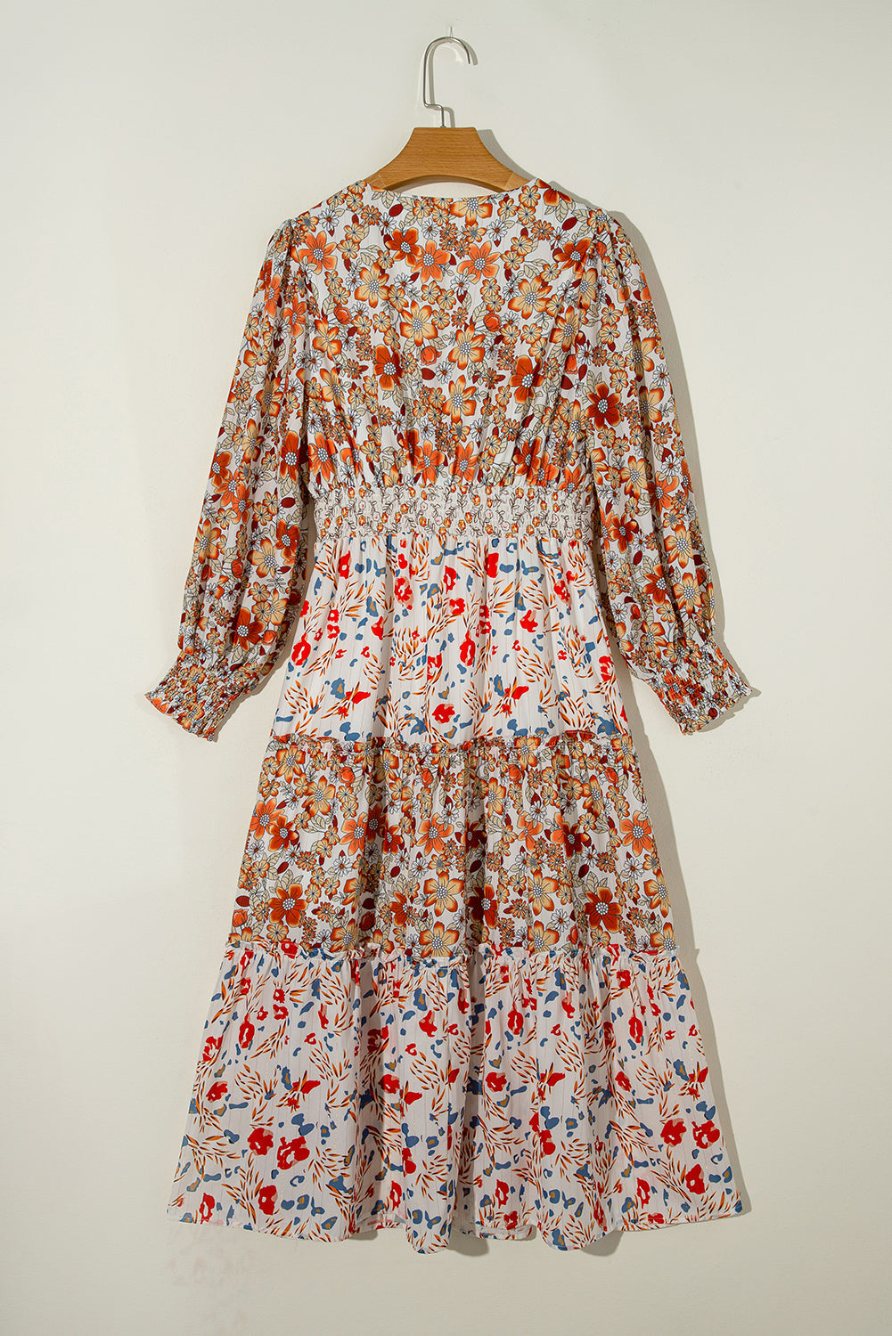 Khaki Floral Print Ruffled Tiered Long Sleeve V Neck Midi Dress - MAD RUFFI