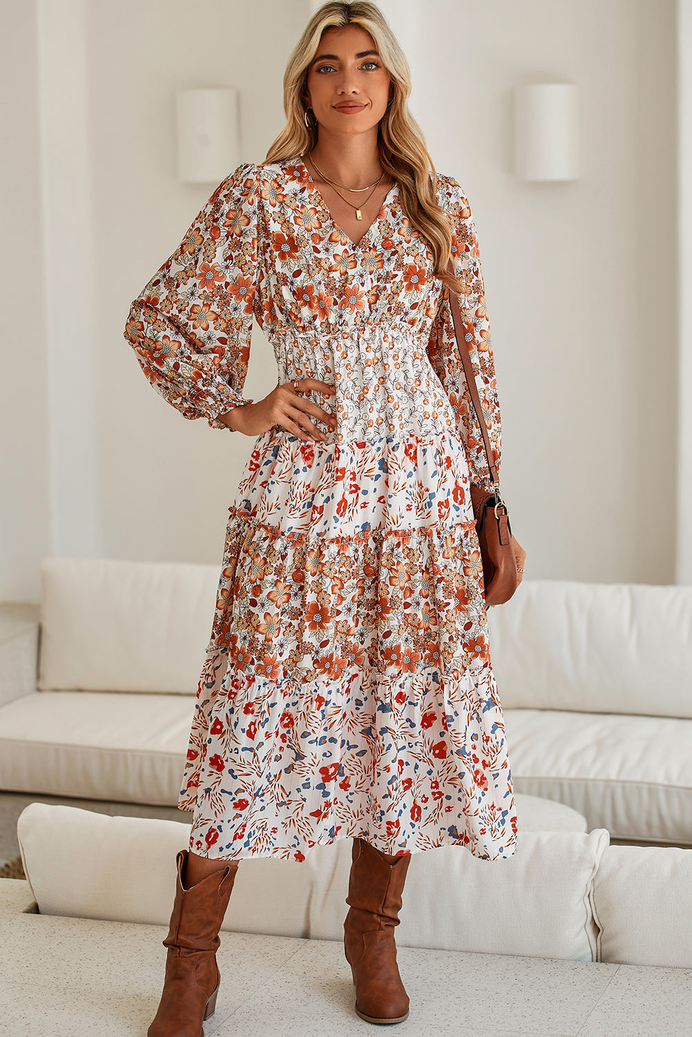 Khaki Floral Print Ruffled Tiered Long Sleeve V Neck Midi Dress - MAD RUFFI