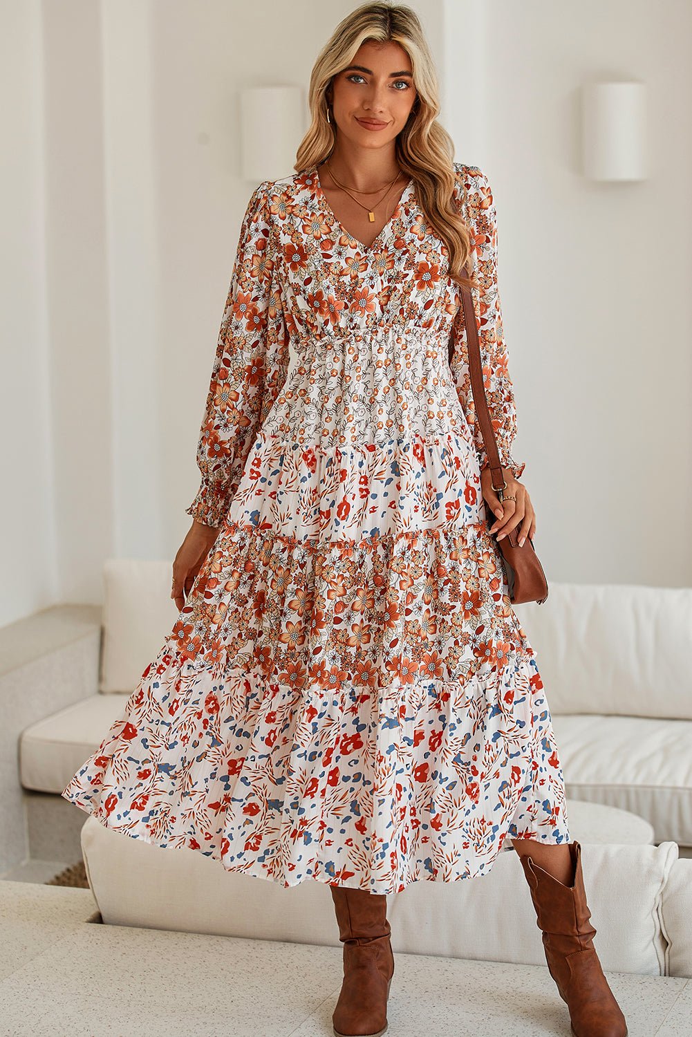 Khaki Floral Print Ruffled Tiered Long Sleeve V Neck Midi Dress - MAD RUFFI
