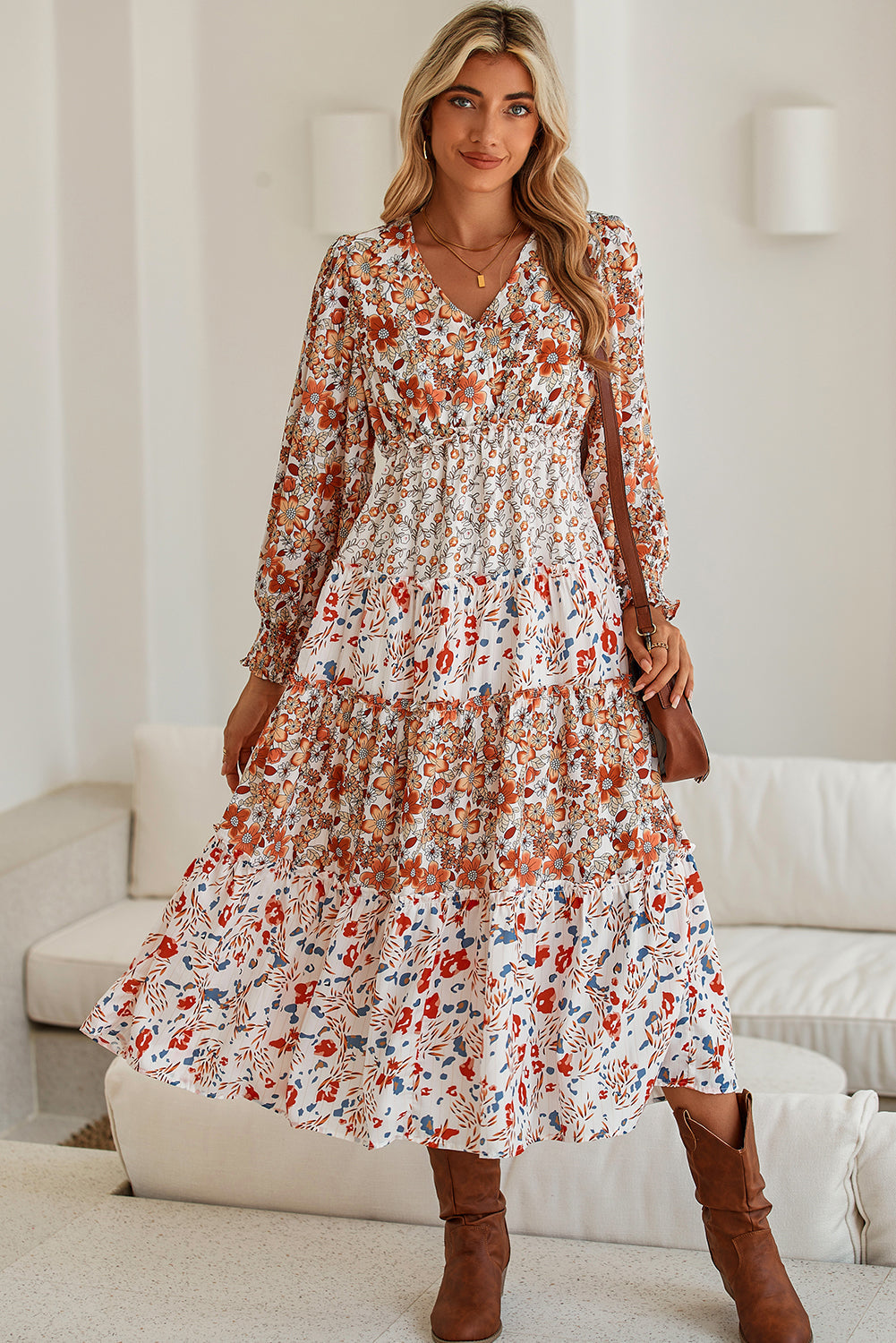 Khaki Floral Print Ruffled Tiered Long Sleeve V Neck Midi Dress - MAD RUFFI