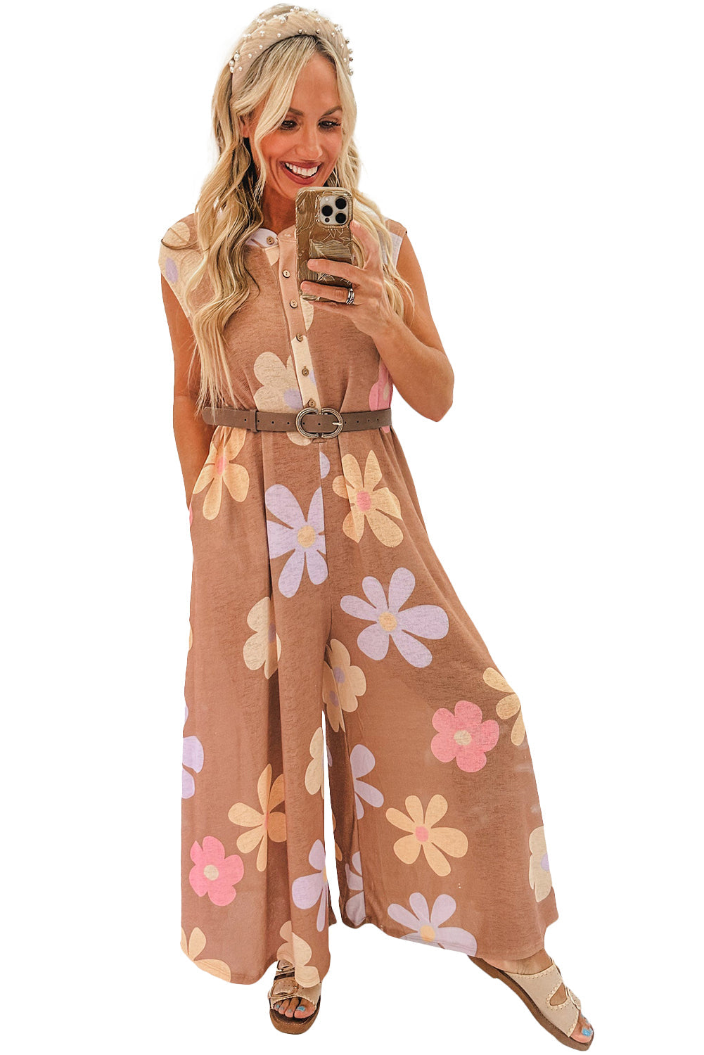 Khaki Floral Print Sleeveless Button up Wide Leg Loose Jumpsuit - MAD RUFFI