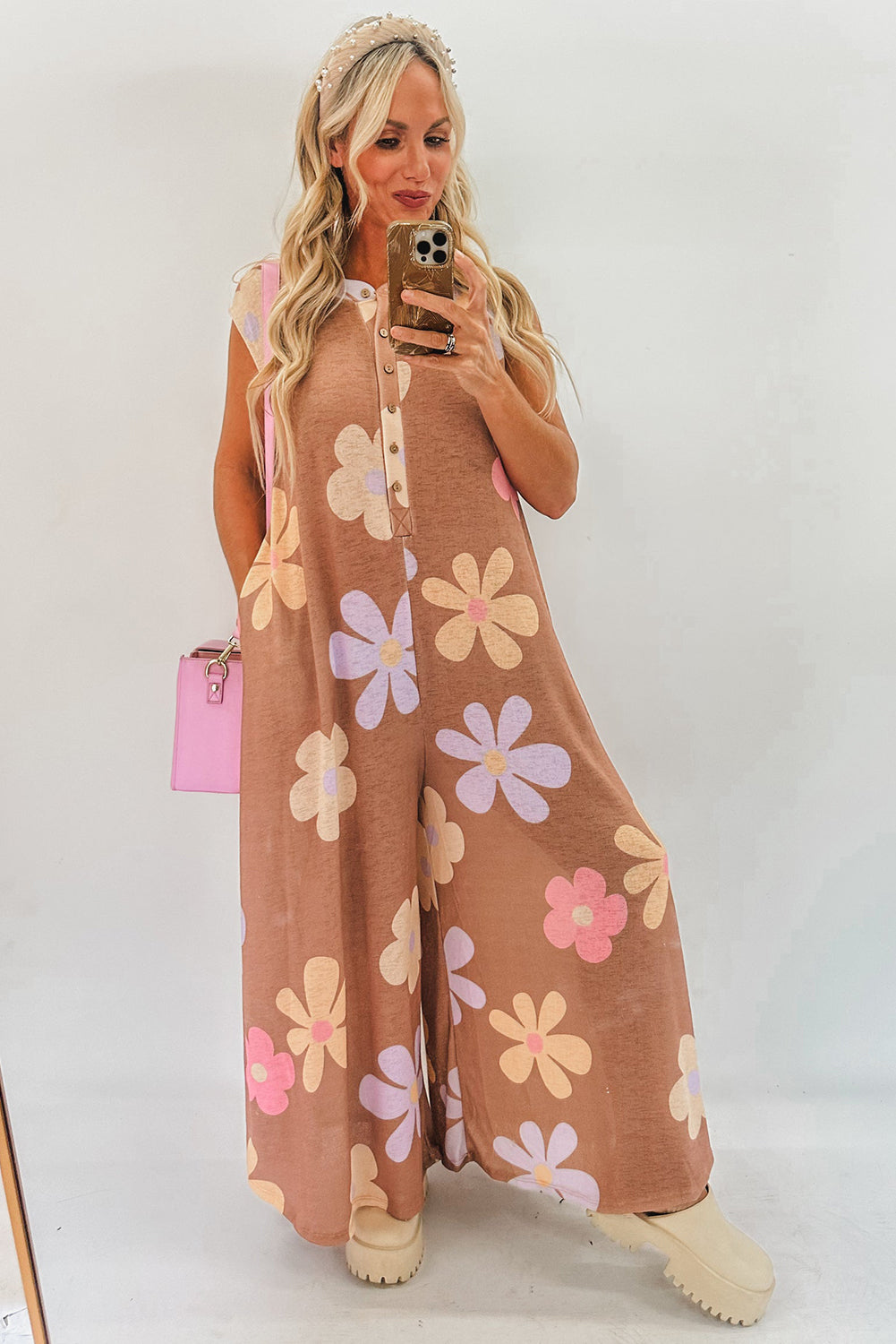 Khaki Floral Print Sleeveless Button up Wide Leg Loose Jumpsuit - MAD RUFFI