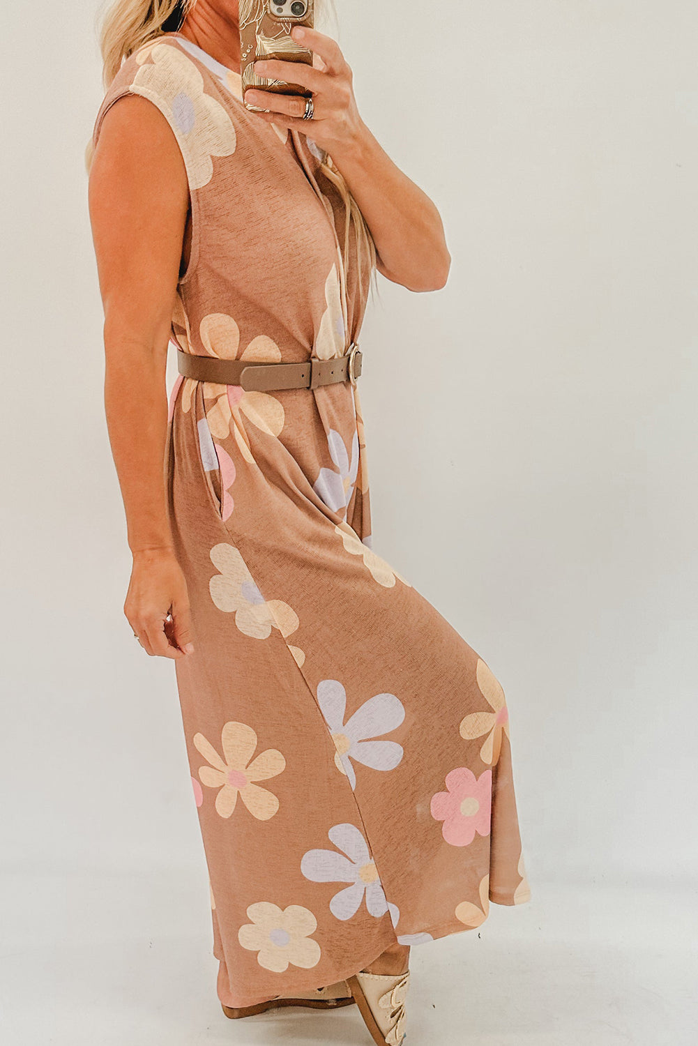 Khaki Floral Print Sleeveless Button up Wide Leg Loose Jumpsuit - MAD RUFFI