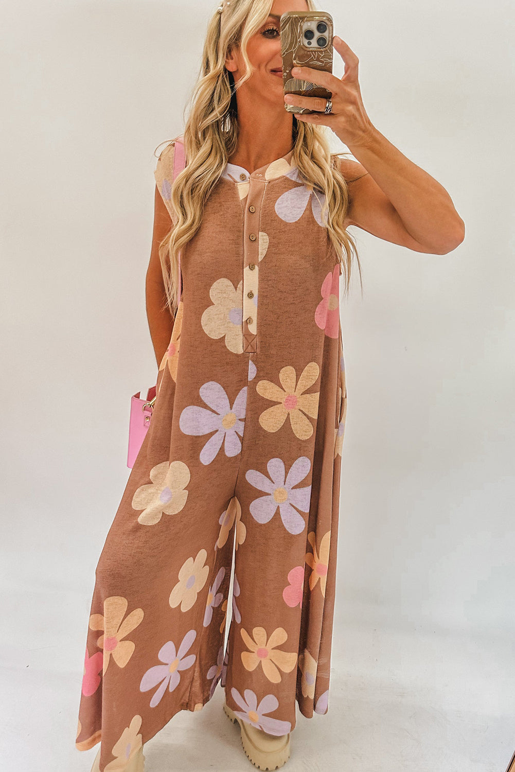 Khaki Floral Print Sleeveless Button up Wide Leg Loose Jumpsuit - MAD RUFFI