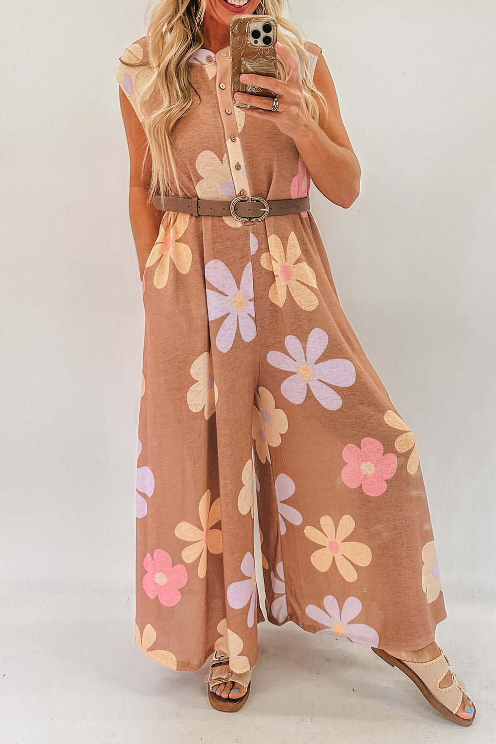 Khaki Floral Print Sleeveless Button up Wide Leg Loose Jumpsuit - MAD RUFFI