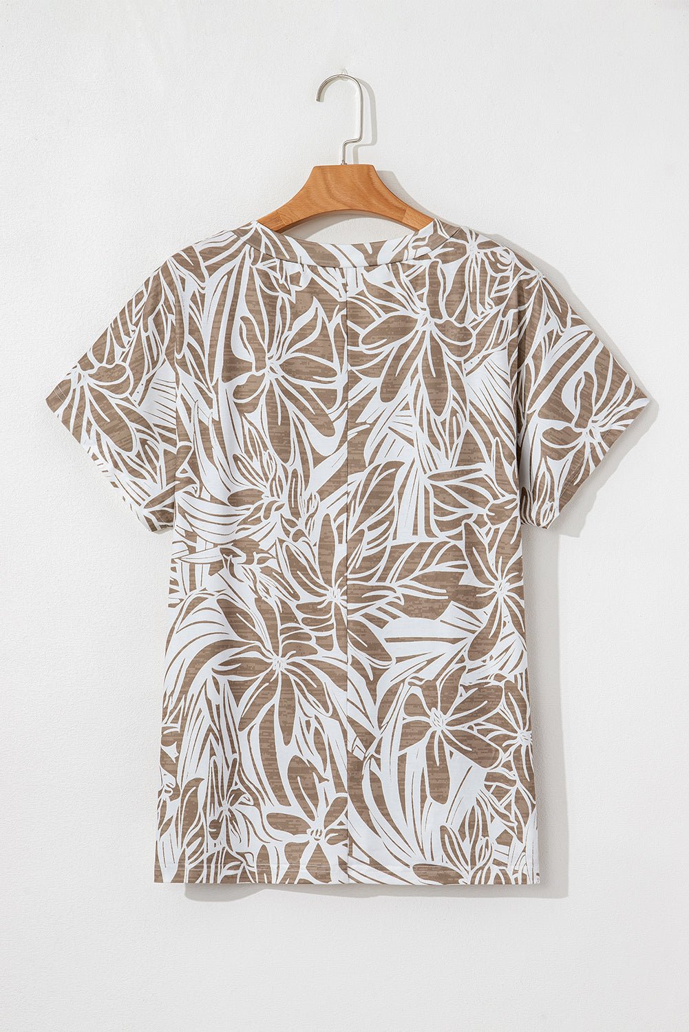 khaki floral print v neck short sleeve loose fit blouse - MAD RUFFI