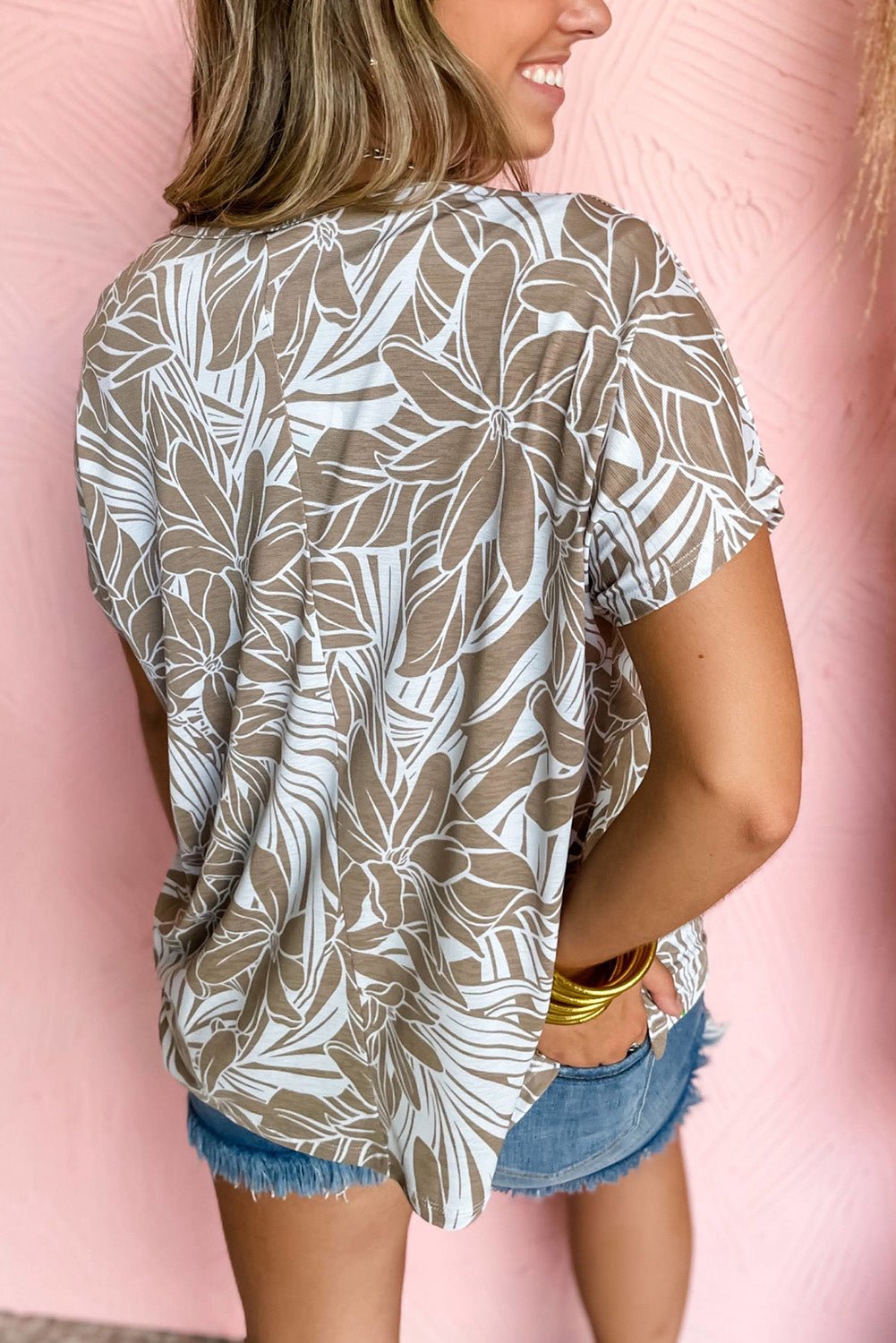 khaki floral print v neck short sleeve loose fit blouse - MAD RUFFI