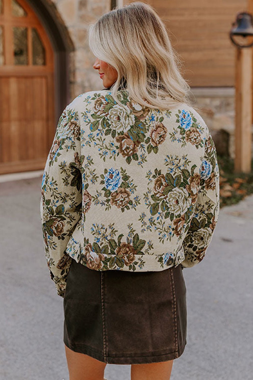 Khaki Floral Print Zip Up Contrast Collared Jacket - MAD RUFFI