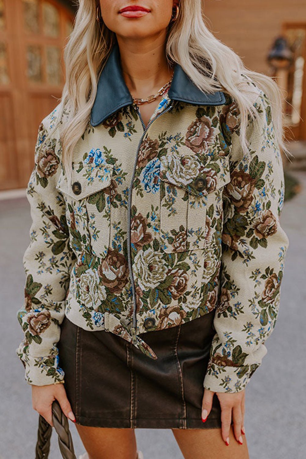 Khaki Floral Print Zip Up Contrast Collared Jacket - MAD RUFFI