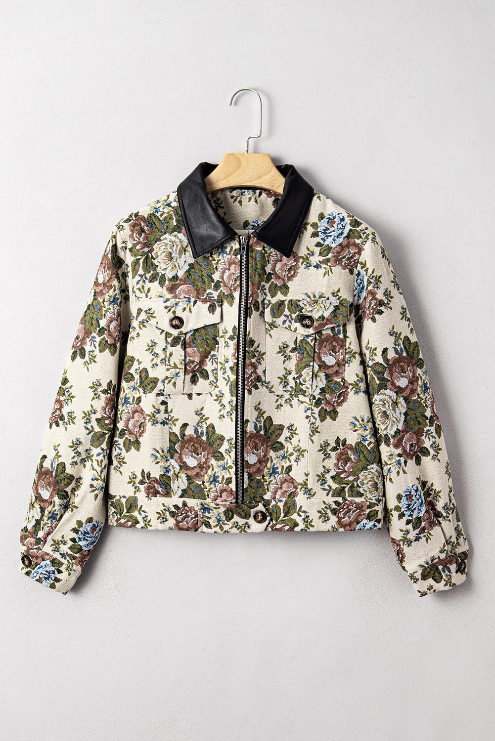 Khaki Floral Print Zip Up Contrast Collared Jacket - MAD RUFFI
