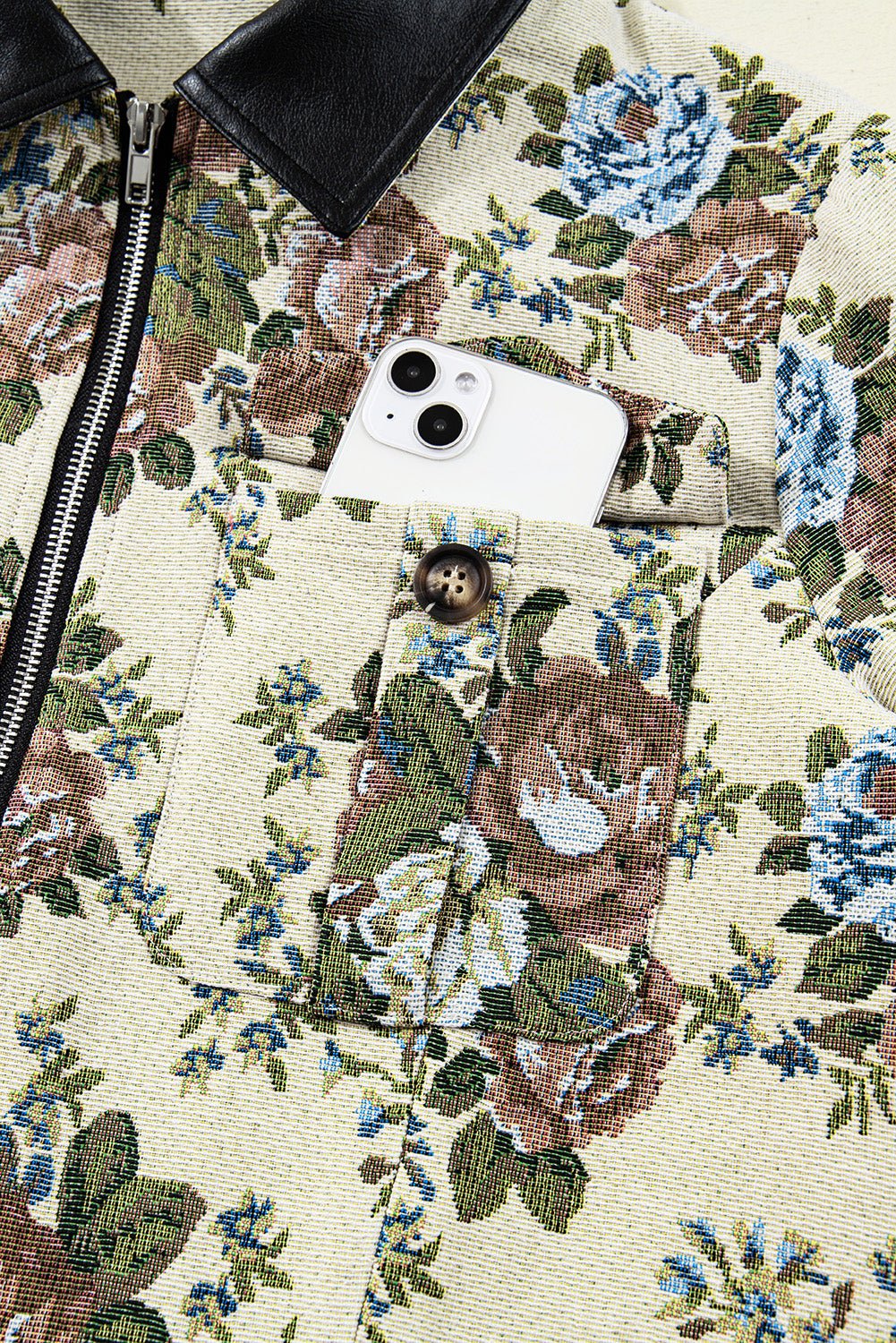 Khaki Floral Print Zip Up Contrast Collared Jacket - MAD RUFFI