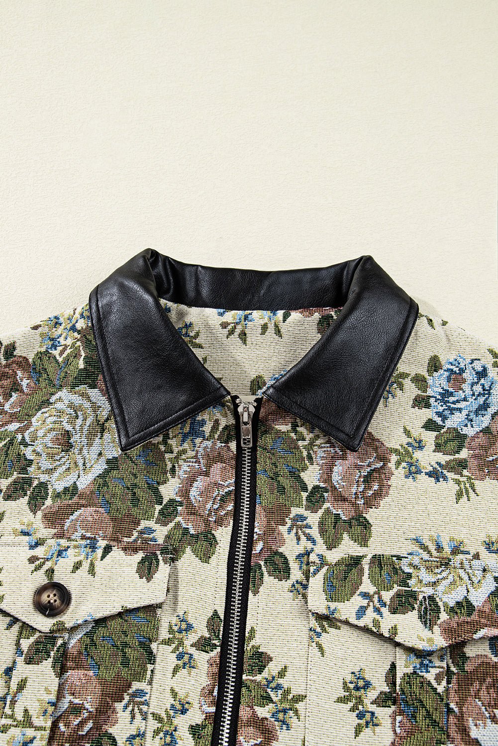 Khaki Floral Print Zip Up Contrast Collared Jacket - MAD RUFFI