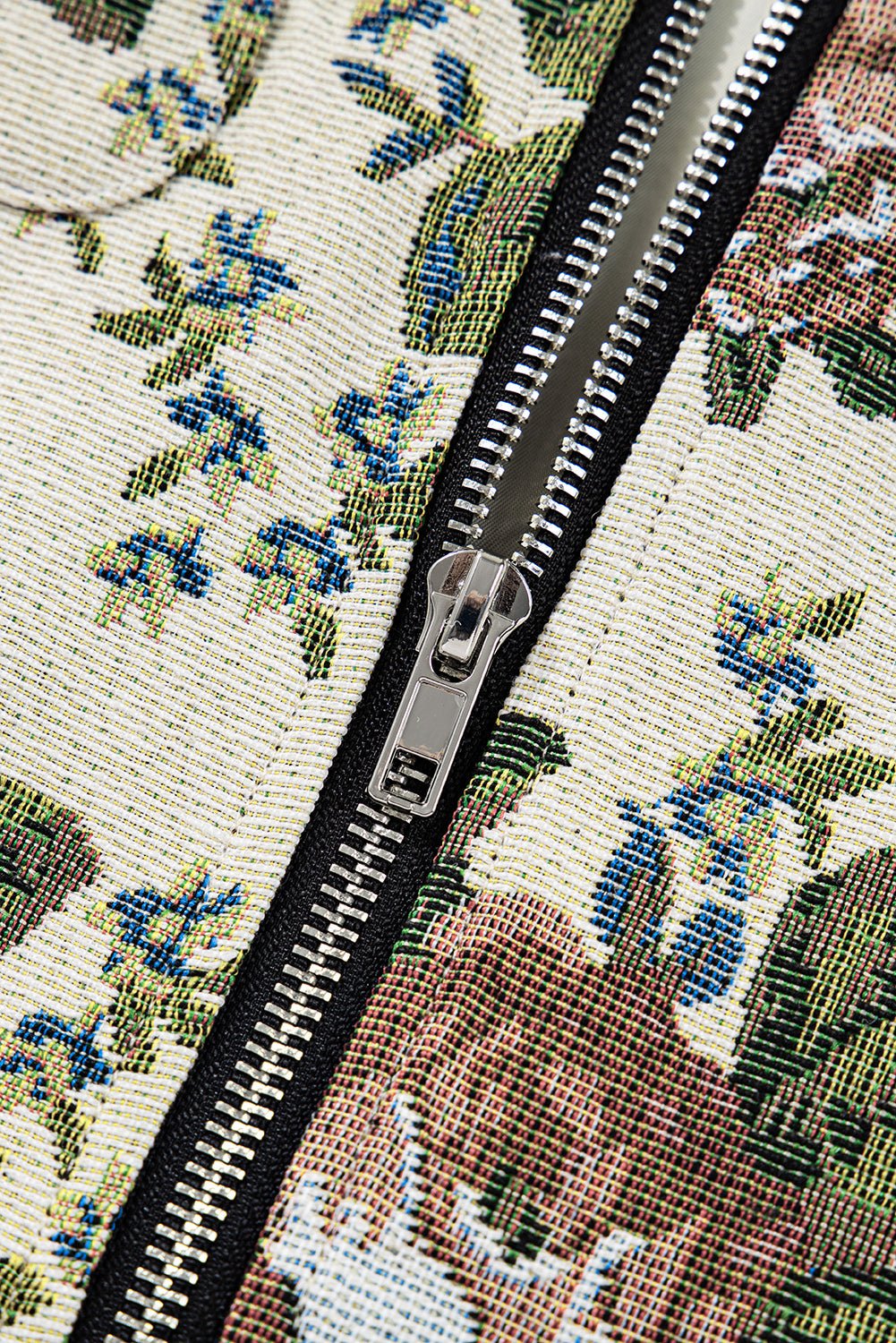 Khaki Floral Print Zip Up Contrast Collared Jacket - MAD RUFFI