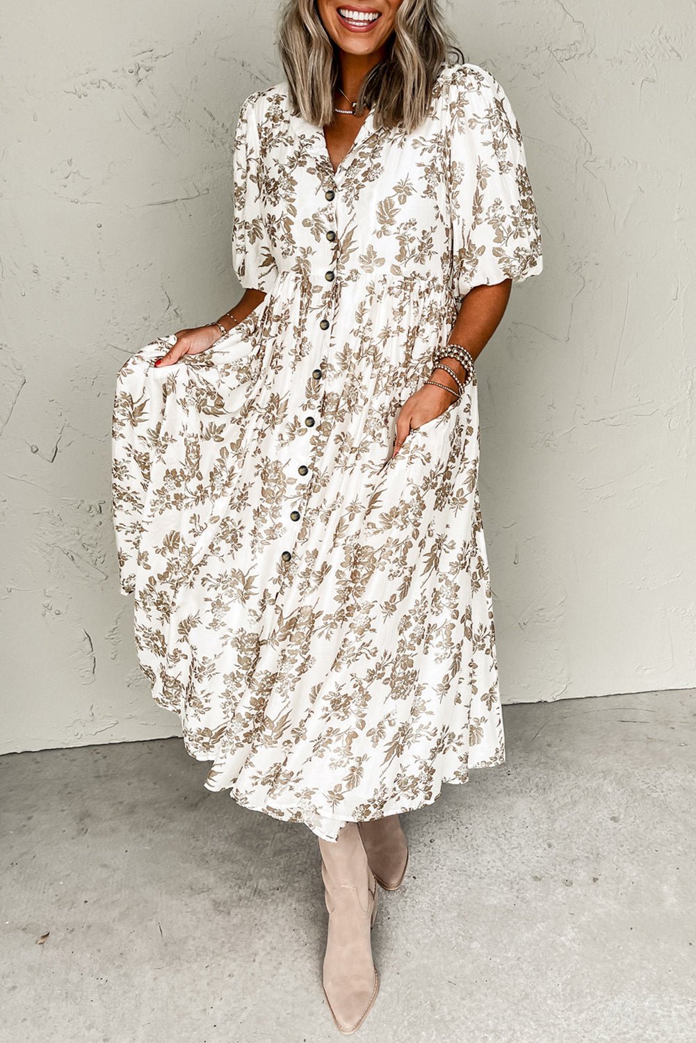 Khaki Floral Puff Sleeve V Neck Buttoned Front Maxi Dress - MAD RUFFI