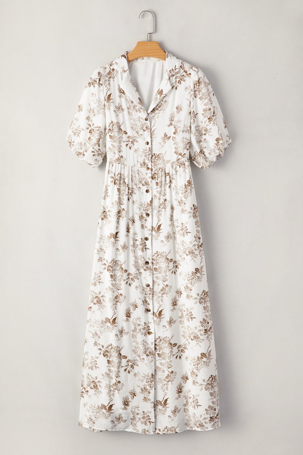 Khaki Floral Puff Sleeve V Neck Buttoned Front Maxi Dress - MAD RUFFI