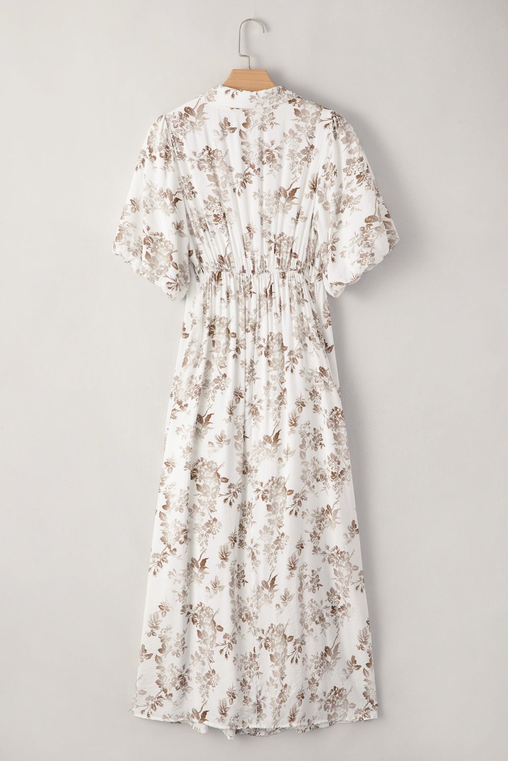 Khaki Floral Puff Sleeve V Neck Buttoned Front Maxi Dress - MAD RUFFI