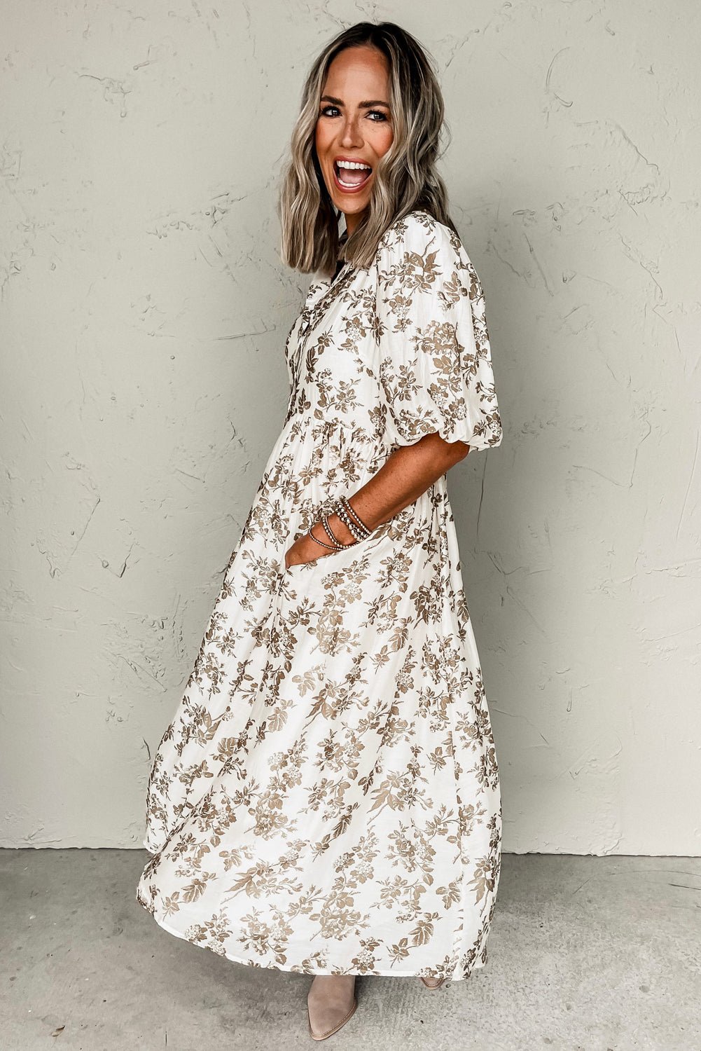 Khaki Floral Puff Sleeve V Neck Buttoned Front Maxi Dress - MAD RUFFI