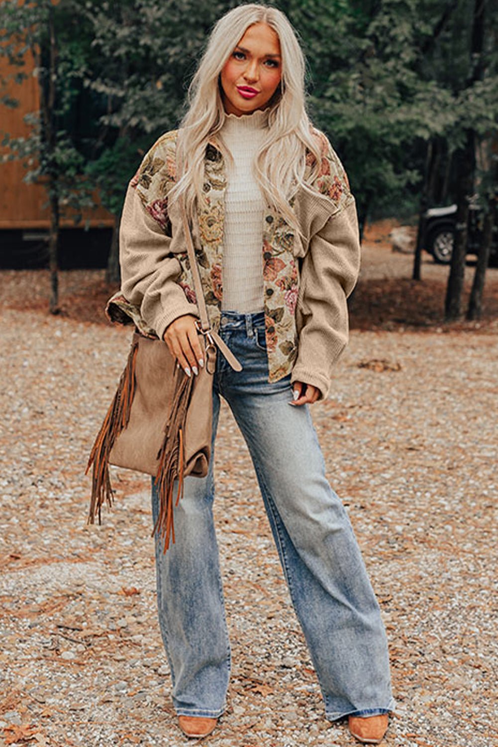 Khaki Floral Waffle Knit Patchwork Chest Pockets Buttoned Jacket - MAD RUFFI